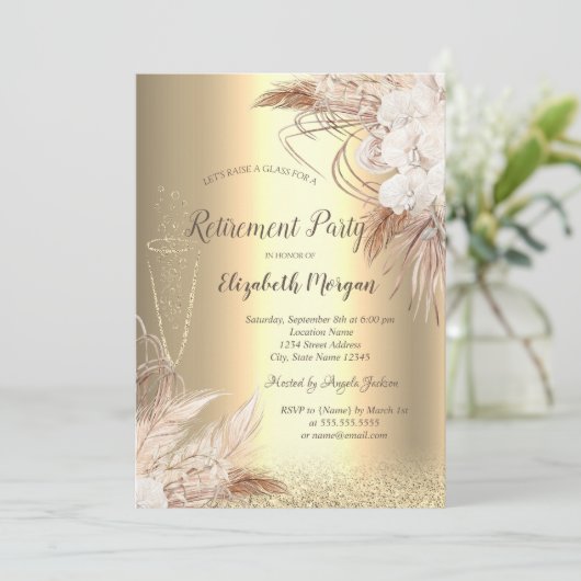 Weinglas Gold Bokeh, Boho Blume Reretirement Einladung (Stehend Vorderseite)