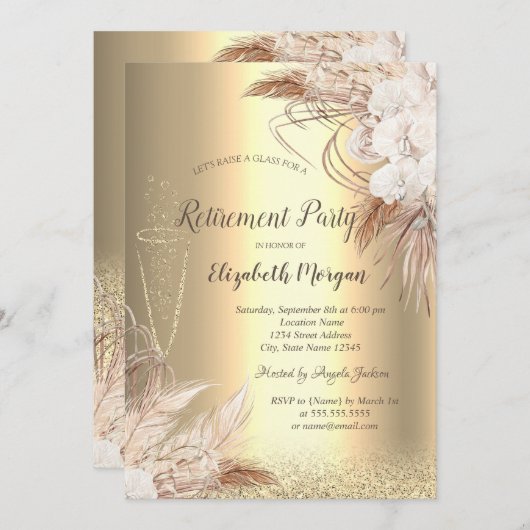 Weinglas Gold Bokeh, Boho Blume Reretirement Einladung (Vorne/Hinten)