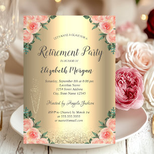 Weinglas Gold Glitter Bokeh Rosen Ruhestand Einladung