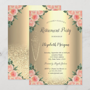 Weinglas Gold Glitter Bokeh Rosen Ruhestand Einladung