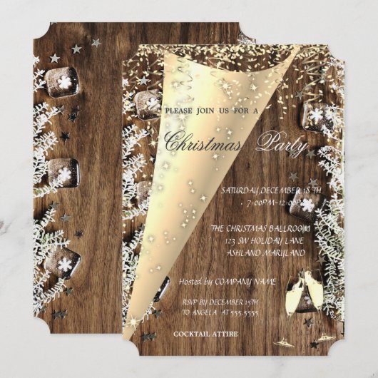 Weinglas, Holztextur Unternehmen Weihnachten Party Einladung (Vorne/Hinten)