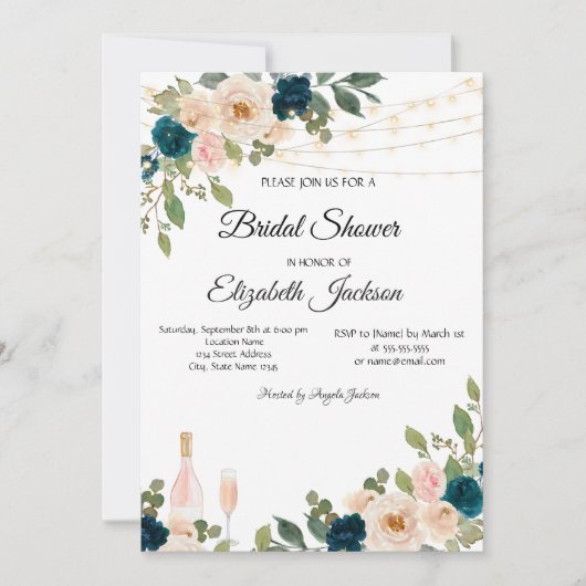 Weinglas Leuchten Blaue Rose Brautparty Einladung (Vorderseite)