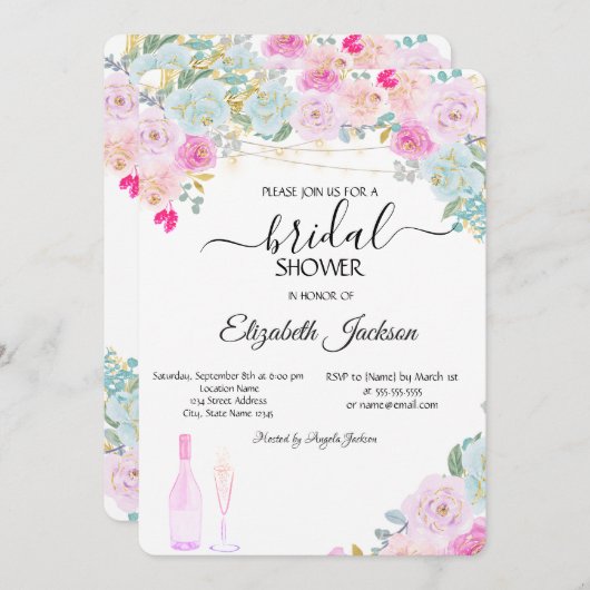 Weinglas Leuchten Chic Rose Brautparty Einladung (Vorne/Hinten)