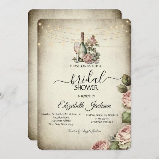 Weinglas,Lichtquellen Rose Rustikales Brautparty Einladung (Vorne/Hinten)