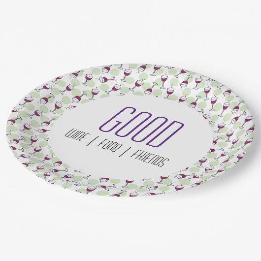 Weinglas-Merlot-Bubbles Illustrationsmuster Pappteller (Schrägansicht)