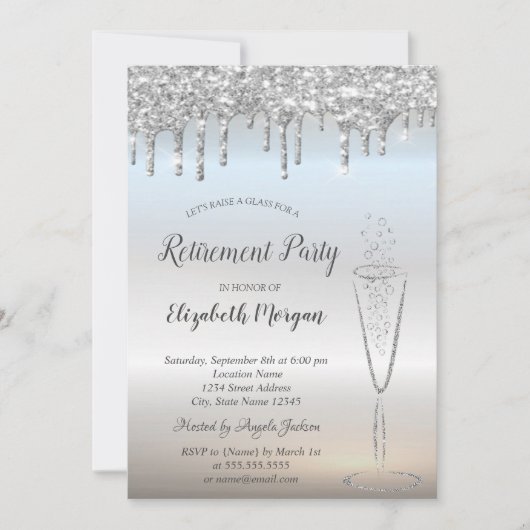 Weinglas Silver Glitzer Bokeh Dropdown-Abonnement Einladung (Vorderseite)