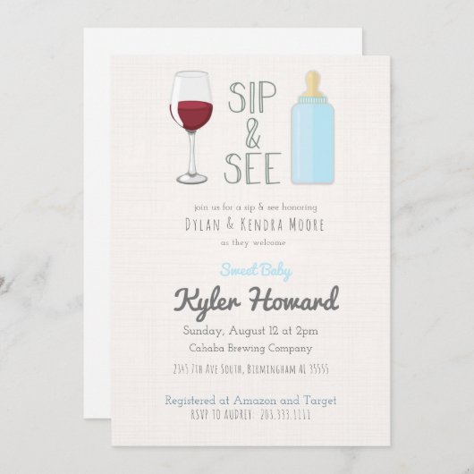 Weinglas Sip & See Baby Boy Dusche Einladung (Vorne/Hinten)