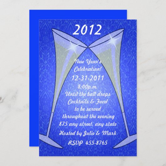Weingläser auf blauem Neujahrsvortrag Einladung (Vorne/Hinten)
