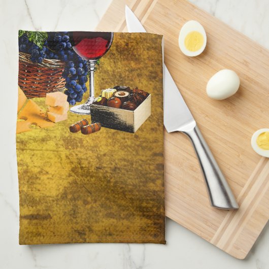 Weingläser, Flasche, Trauben, Käse, chacolates Geschirrtuch (Viertel Falte)