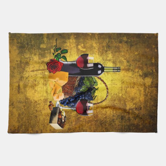 Weingläser, Flasche, Trauben, Käse, chacolates Geschirrtuch (Horizontal)