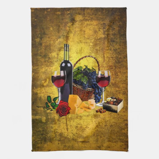Weingläser, Flasche, Trauben, Käse, chacolates Geschirrtuch (Vertikal)