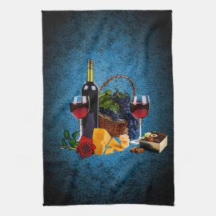 Weingläser, Flasche, Trauben, Käse, Schokoladen Geschirrtuch
