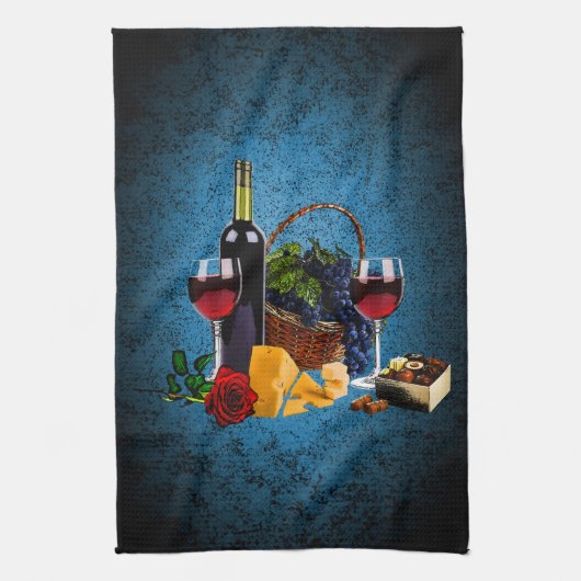 Weingläser, Flasche, Trauben, Käse, Schokoladen Geschirrtuch (Vertikal)