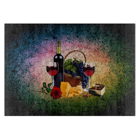 Weingläser, Flasche, Trauben, Käse, Schokoladen Schneidebrett (Vorderseite)