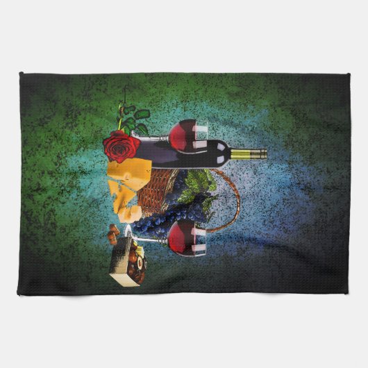 Weingläser, Flaschen, Weintrauben, Käse, Pralinen Geschirrtuch (Horizontal)