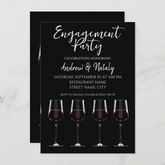 Weingläser mit Rotwein auf schwarzer Einladung (Vorne/Hinten)