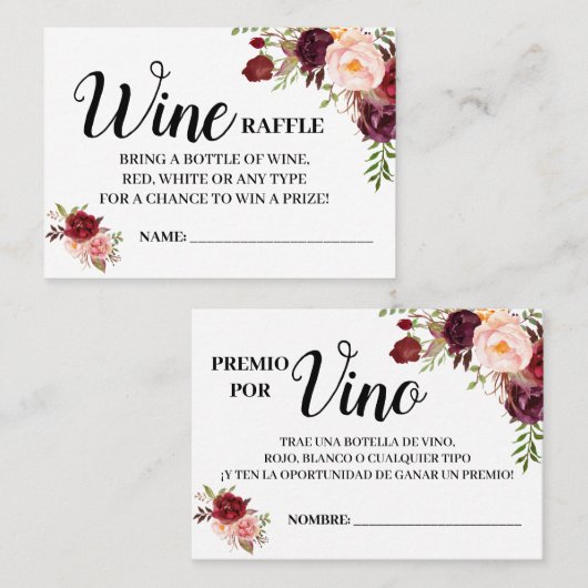 Weinkarte Englisch Spanische Duschkarte Platzkarte (Vorne/Hinten)