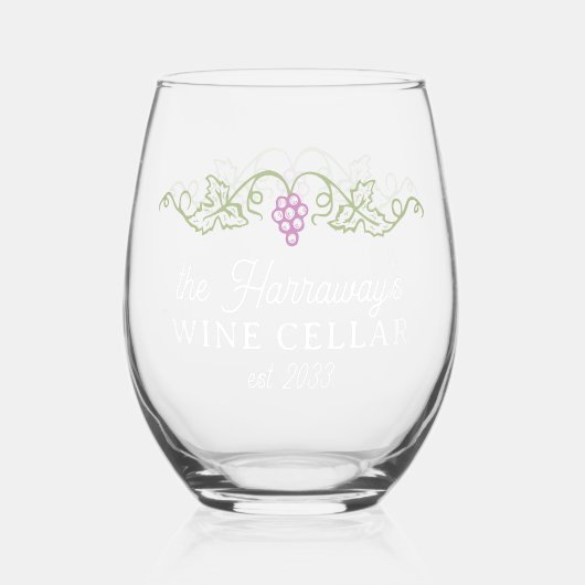 Weinkeller Lila Trauben Individuelle Name Datum we Weinglas Ohne Stiel (Rückseite)