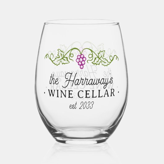 Weinkeller Lila Trauben Personalisiert Name Datum Weinglas Ohne Stiel (Vorderseite)