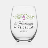 Weinkeller Lila Trauben Personalisiert Name Datum Weinglas Ohne Stiel (Rückseite)