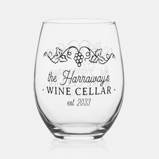 Weinkeller mit Trauben Personalisiert Name und Dat Weinglas Ohne Stiel (Rückseite)