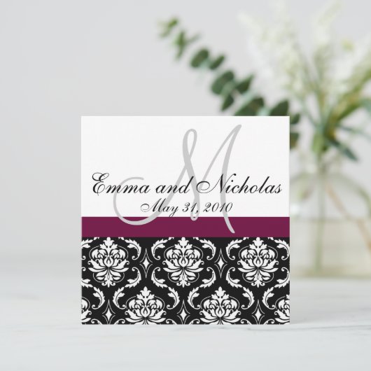 Weinmonogramm Damask Wedding Back Einladung (Stehend Vorderseite)