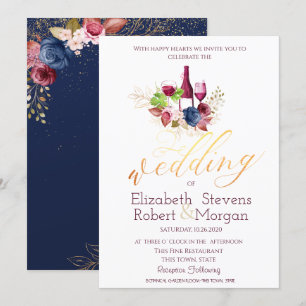 Weinprobe Burgund Blumen Navy Blau Hochzeit Einladung