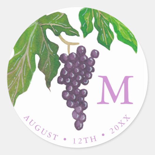 Weinprobe Party Trauben Monogramm Runder Aufkleber (Vorderseite)