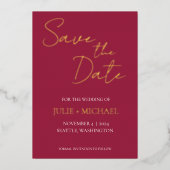 Weinrot Einfache Hochzeit speichern Sie das Datum Folieneinladung (Vorderseite)