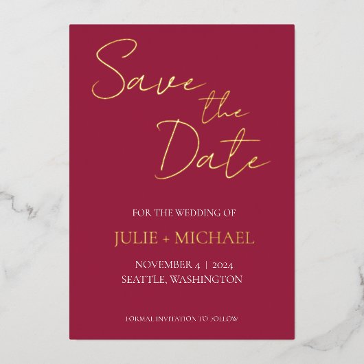 Weinrot Einfache Hochzeit speichern Sie das Datum Folieneinladung (Vorderseite)