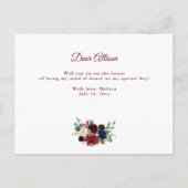 weinrote blaue Trauzeugin Einladungspostkarte (Rückseite)