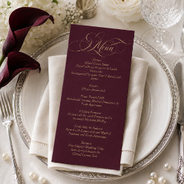 Weinrote einfache elegante Skript-Hochzeit Menükarte