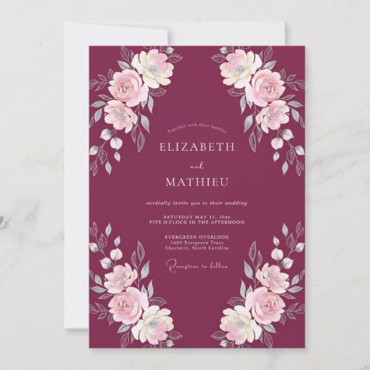Weinrote Florale Hochzeit Einladung (Vorderseite)