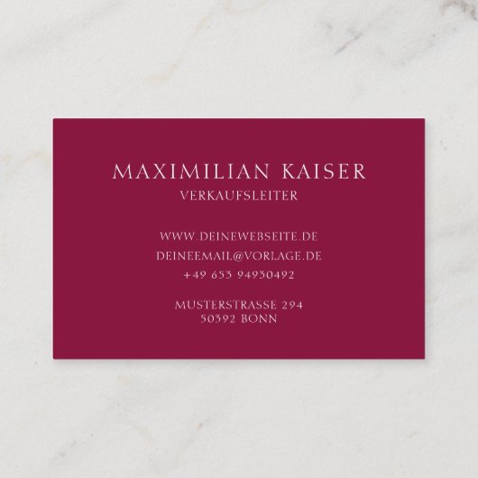 Weinrote Minimal Monogramm Visitenkarte (Rückseite)