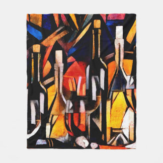 Weinthemen im Stil des Kubismus. Flaschen, Glas Fleecedecke