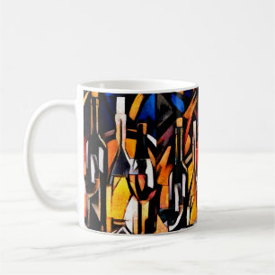 Weinthemen im Stil des Kubismus. Flaschen, Glas Kaffeetasse