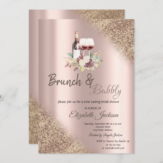 Weintrauben Glitzer Bokeh Brunch & Bubbly Einladung (Vorne/Hinten)