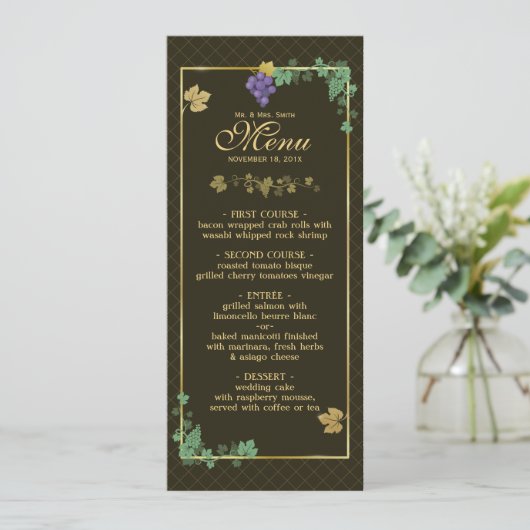 Weintrauben mit Gold Frame Wedding Menu Card Menükarte (Stehend Vorderseite)