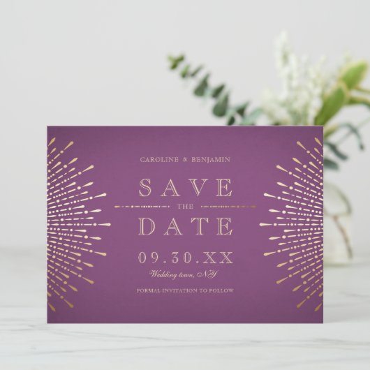 Weintrauben Save the Date mit Gold und lila Deko (Stehend Vorderseite)