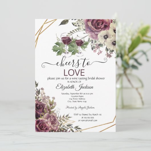 Weinverkostung Burgund Blume Brautparty Einladung (Stehend Vorderseite)