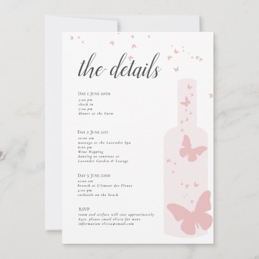 Weinverkostung Romantischer Junggeselinnen-Abschie Einladung (Rückseite)