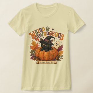 Weird and Gourdgeous Herbst-Kurioser Kürbis-Katze- T-Shirt