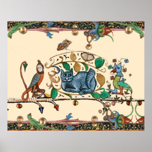WEIRD MEDIEVAL BESTIARY HUNTER CAT, BIRD, FALCON POSTER