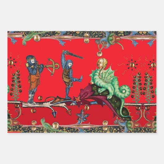 WEIRD MEDIEVAL BESTIARY, KNIGHTS UND HYBRID DRAGON GESCHENKPAPIER SET (Vorderseite 3)