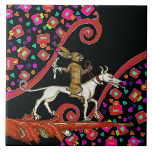 WEIRD MEDIEVAL BESTIARY Rabbit Reiten eines weißen Fliese