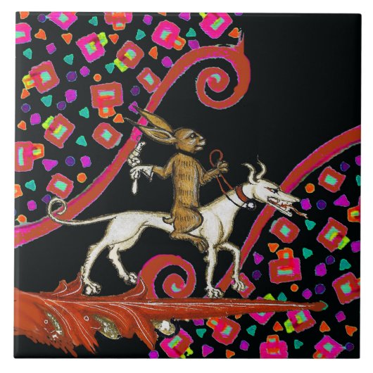 WEIRD MEDIEVAL BESTIARY Rabbit Reiten eines weißen Fliese (Vorderseite)