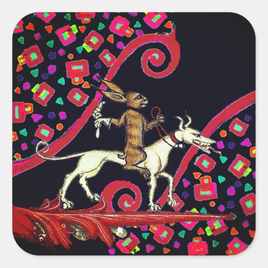 WEIRD MEDIEVAL BESTIARY Rabbit Reiten eines weißen Quadratischer Aufkleber (Vorderseite)
