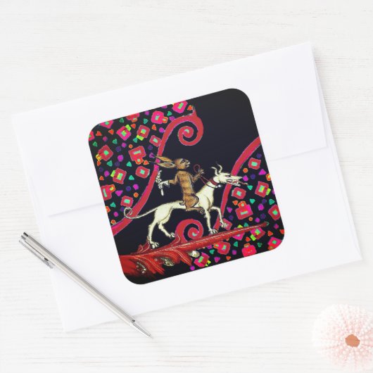 WEIRD MEDIEVAL BESTIARY Rabbit Reiten eines weißen Quadratischer Aufkleber (Umschlag)