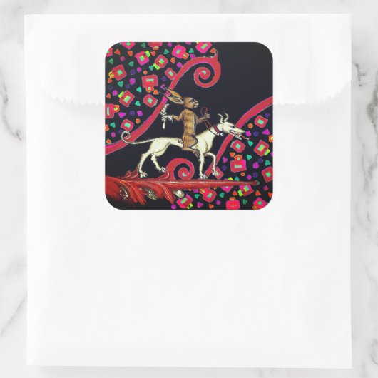 WEIRD MEDIEVAL BESTIARY Rabbit Reiten eines weißen Quadratischer Aufkleber (Tasche)