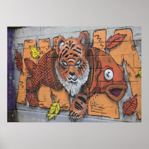 Weird Orange Tiger Fish Graffiti Poster
